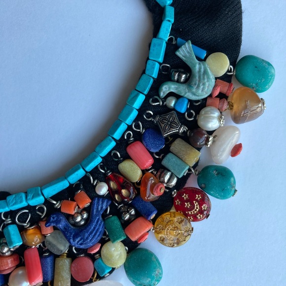Bib, Choker Necklace, Handmade of Miscellaneous Semiprecious Stones on Fabric - Picture 6 of 7